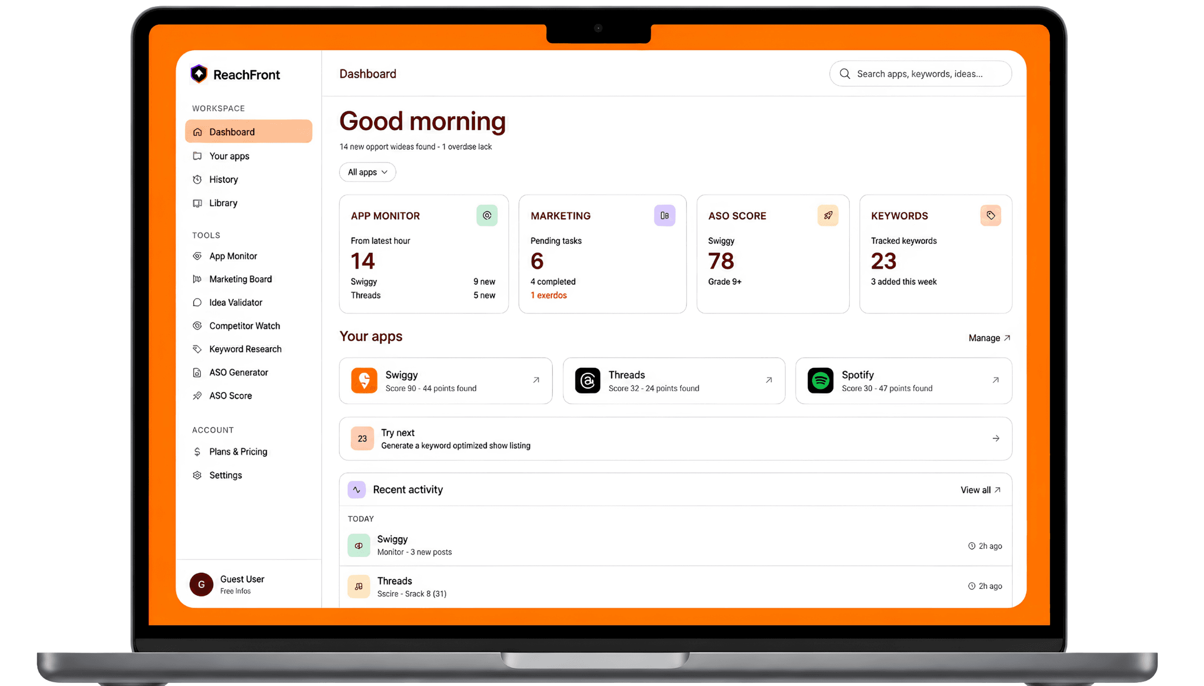 ReachFront dashboard: track every app, score, and promotion opportunity in one workspace